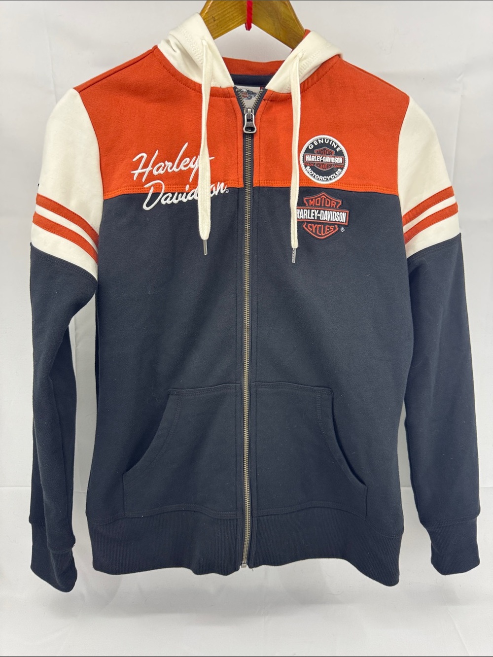 Harley-Davidson Womens Soft! Zip-Up Sweater, Colorblock Cream Orange Black, sz S